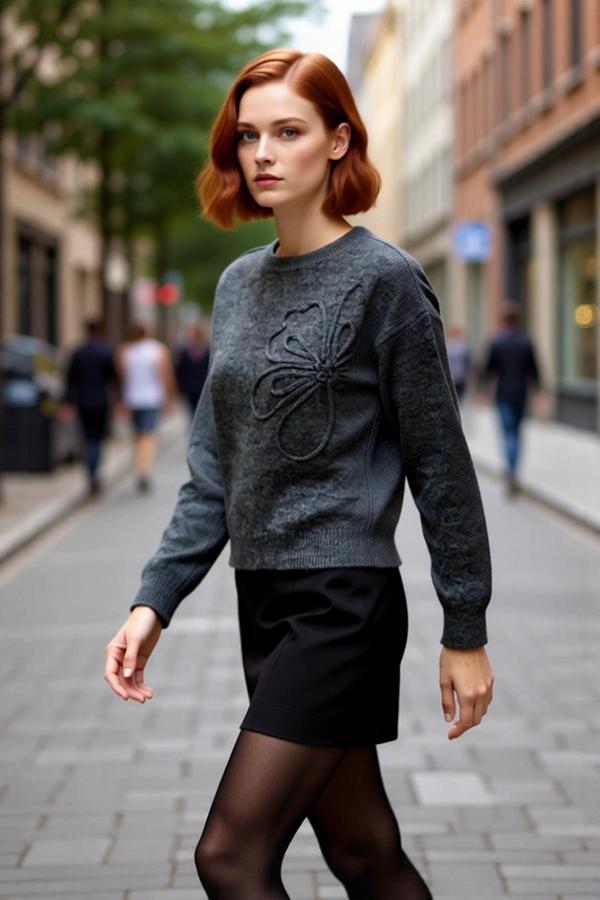 Kadınlar İçin Nakışlı Çiçek Desenli Gri Triko Kazak Bisiklet Yaka Regular Kalıp Kış Şıklığı - Image 1