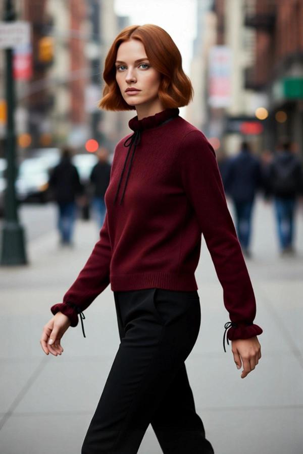 Kadın Regular Kalıp Dik Yaka Ajurlu Bağcıklı Detaylı Triko Kazak Kışlık Günlük Şık Kombinler İçin - Image 1