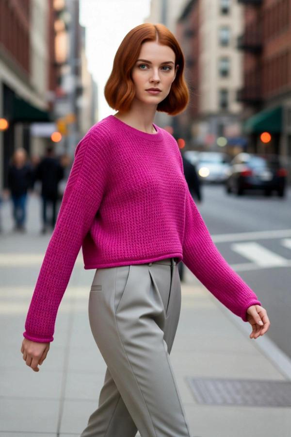 Kadın Oversize Super Crop Bisiklet Yaka Akrilik Triko Kazak Kış Günleri İçin İdeal Uzun Kollu Model - Image 1