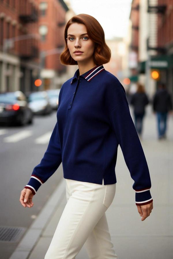 Kadın Polo Yaka Oversize Düşük Kol Renk Bloklu Triko Kazak Kış Sezonu Günlük Rahat Kombinler İçin - Image 1