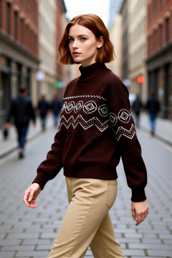 Kadın Kahverengi Etnik Desenli Dik Yaka Regular Kalıp Düşük Kollu Kalın Triko Kazak Kışlık - Image 1
