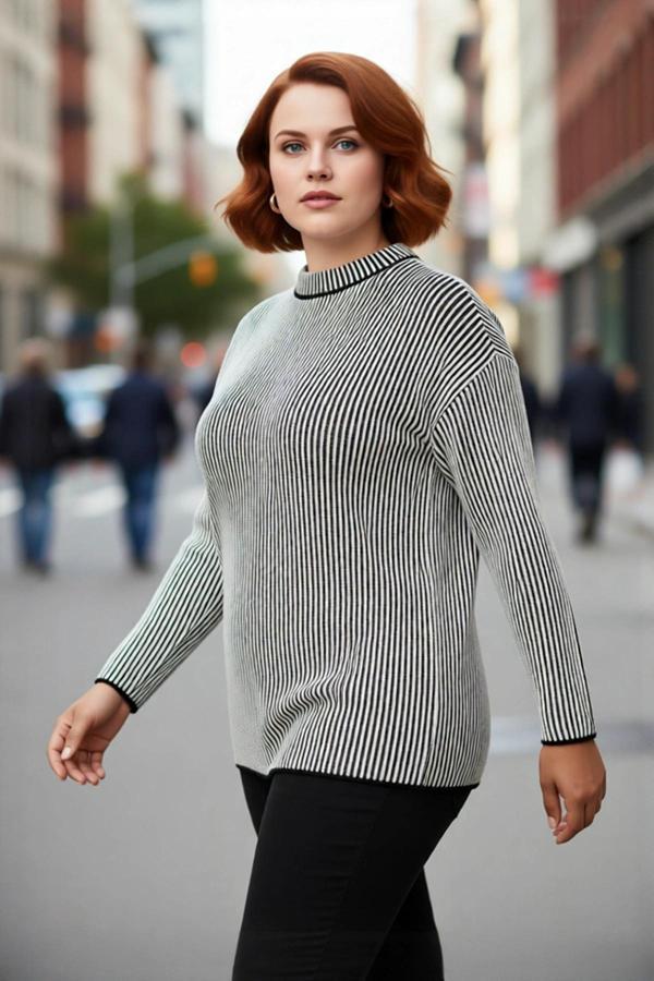 Kadınlara Özel Regular Fit Fitilli Çizgili Bisiklet Yaka Uzun Kollu Triko Kazak Kış Sezonu İçin - Image 1