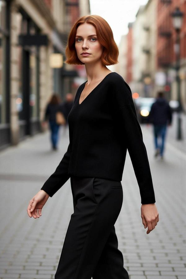 Kadın V Yaka Regular Kalıp Korse Dikiş Detaylı Düz Triko Kazak Kış ve Sonbahar Şıklığı İçin - Image 1