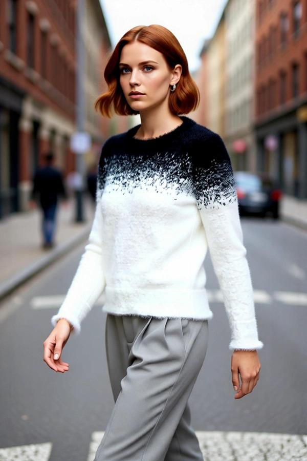 Kadın Degrade Desenli Bisiklet Yaka Regular Kalıp Uzun Kollu Tüylü Triko Kazak Kışlık Kombinlerin - Image 1