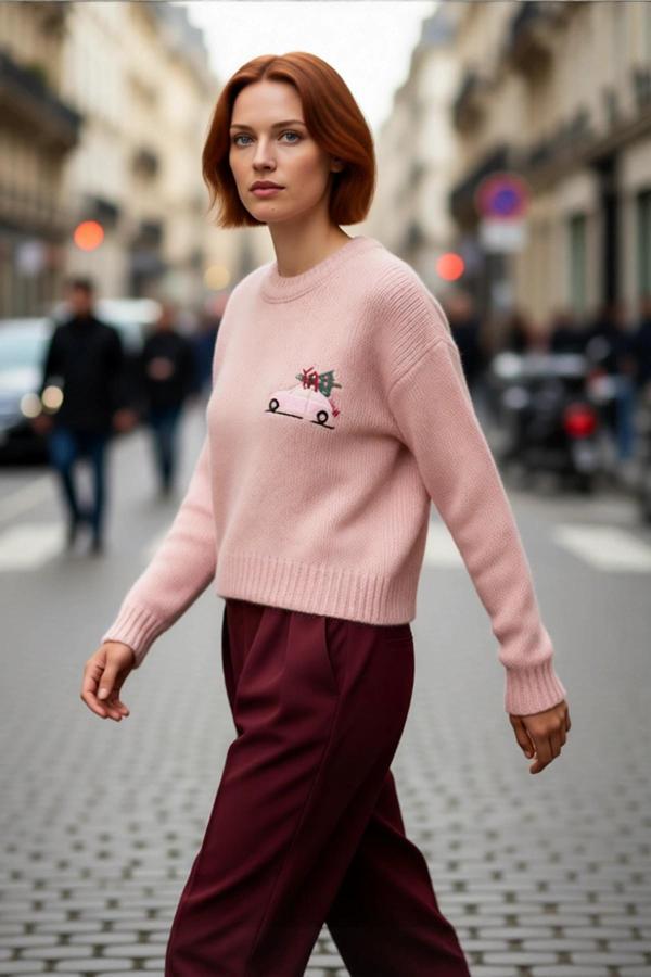 Kadın Yılbaşı Temalı Nakışlı Bisiklet Yaka Düşük Kol Crop Boy Orta Kalın Triko Kazak Kaliteli - Image 1