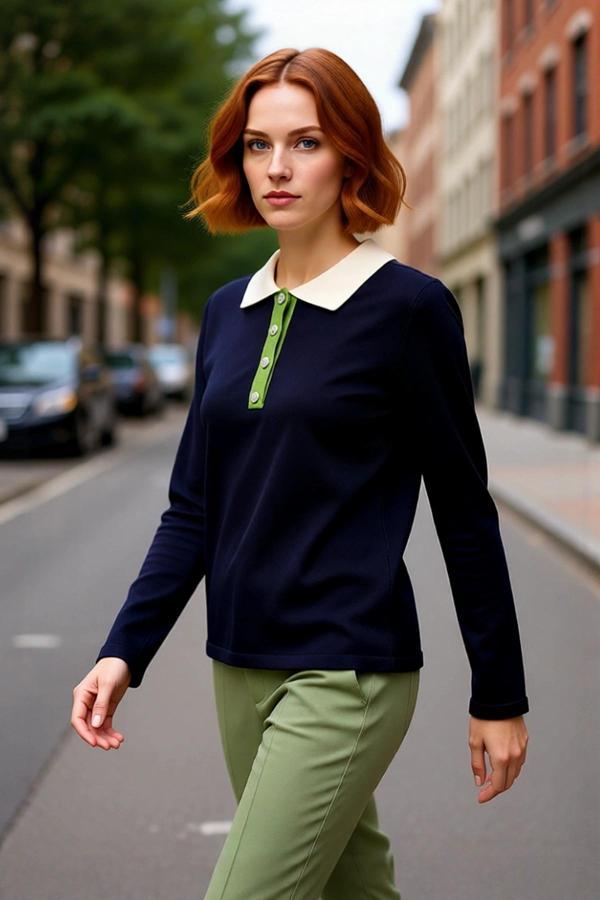 Kadın Lacivert Renk Bloklu Polo Yaka Taş Düğmeli Triko Kazak Kış Sezonu İçin Şık Ve Konforlu Bir - Image 1