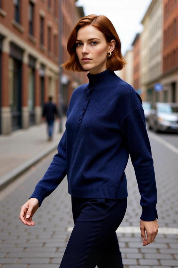 Kadın Lacivert Regular Kalıp Dik Yaka Düşük Kol Triko Kazak Günlük Şıklık Ve Konfor Sunar Kaliteli - Image 1