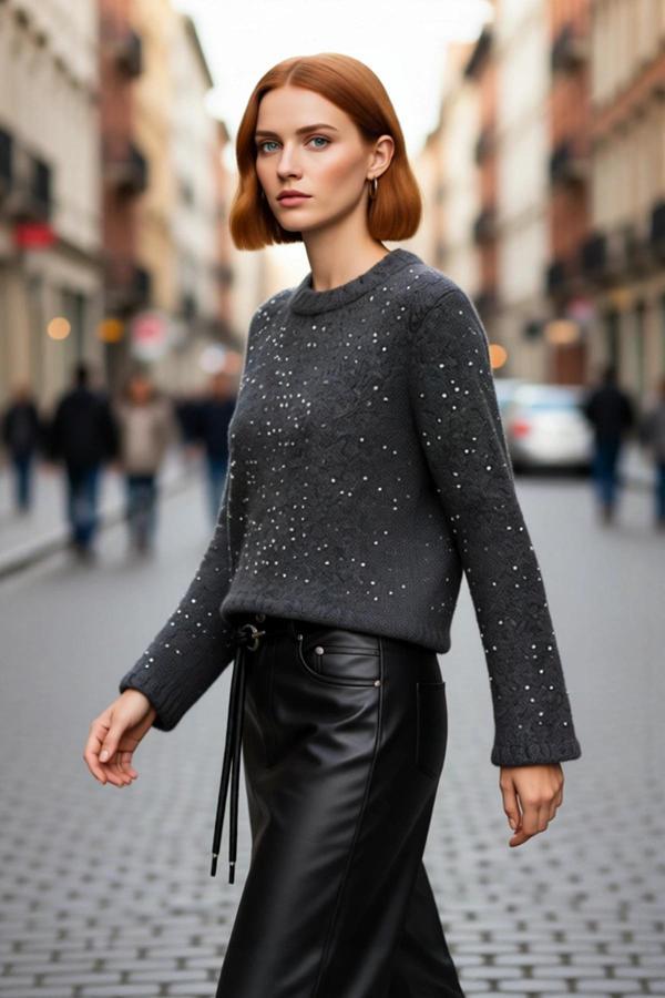 Kadın Regular Kalıp Crop Pul Payetli Bisiklet Yaka Uzun Standart Kol Orta Kalın Triko Kazak - Image 1