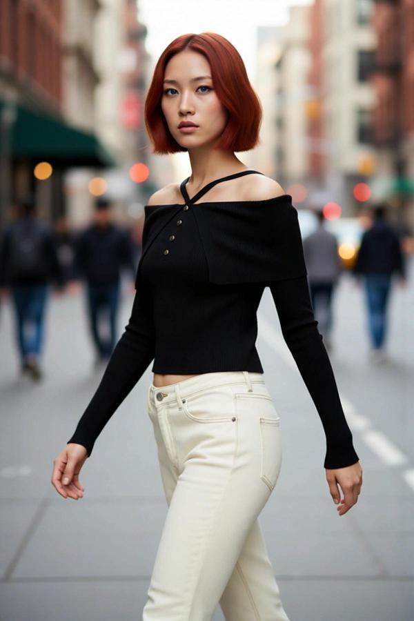 Kadın Carmen Yaka Fitilli Fitted Triko Kazak Modern Şıklık Sunan Uzun Kollu Gündüz Gece Giyimi - Image 1