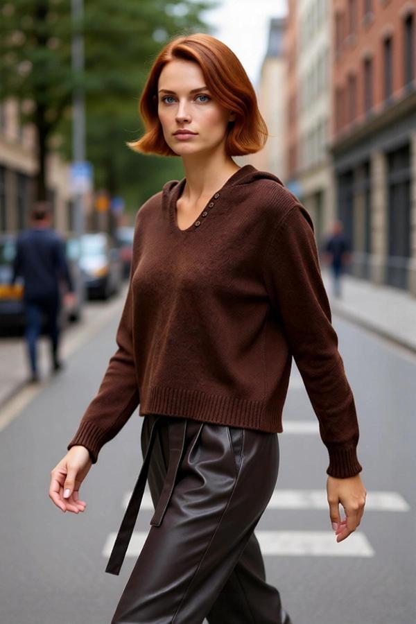 Kadın Oversize Kahverengi Kapüşonlu Triko Kazak Düşük Kollu Rahat ve Şık Günlük Kombinler İçin İdeal - Image 1