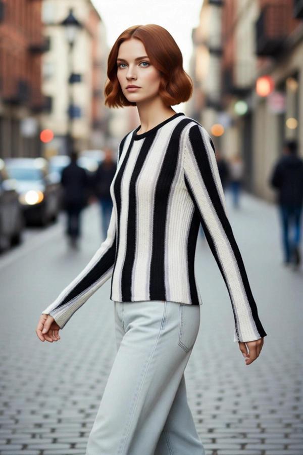 Kadın Bisiklet Yaka Renk Bloklu İnce Triko Uzun Kollu Pamuk Polyester Karışımlı Günlük Kazak - Image 1