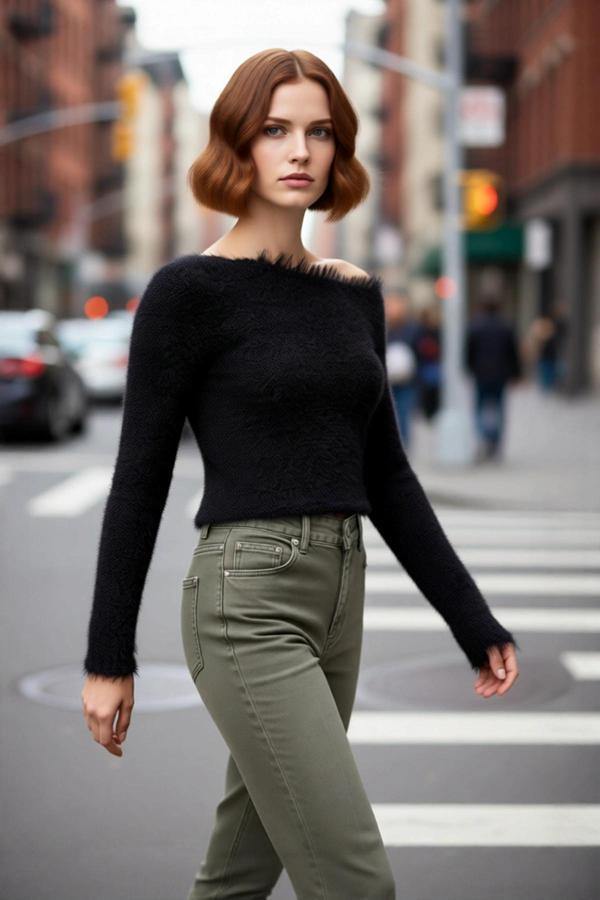 Kadınlara Özel Crop Tasarım Kayık Yaka Tüylü Triko Kazak Kış Günleri İçin İdeal Uzun Kollu Rahat - Image 1