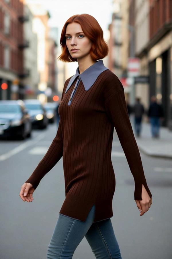 Kadın Fitted Polo Yaka Uzun Kollu Dokulu Triko Kazak Günlük Şıklığı Tamamlayan Akrilik Dokusu - Image 1