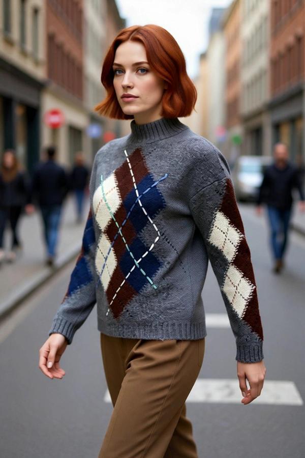 Kadın Oversize Baklava Desenli Dik Yaka Triko Kazak Düşük Kol Rahat Uzun Boy Kışlık Şık Kombinler - Image 1