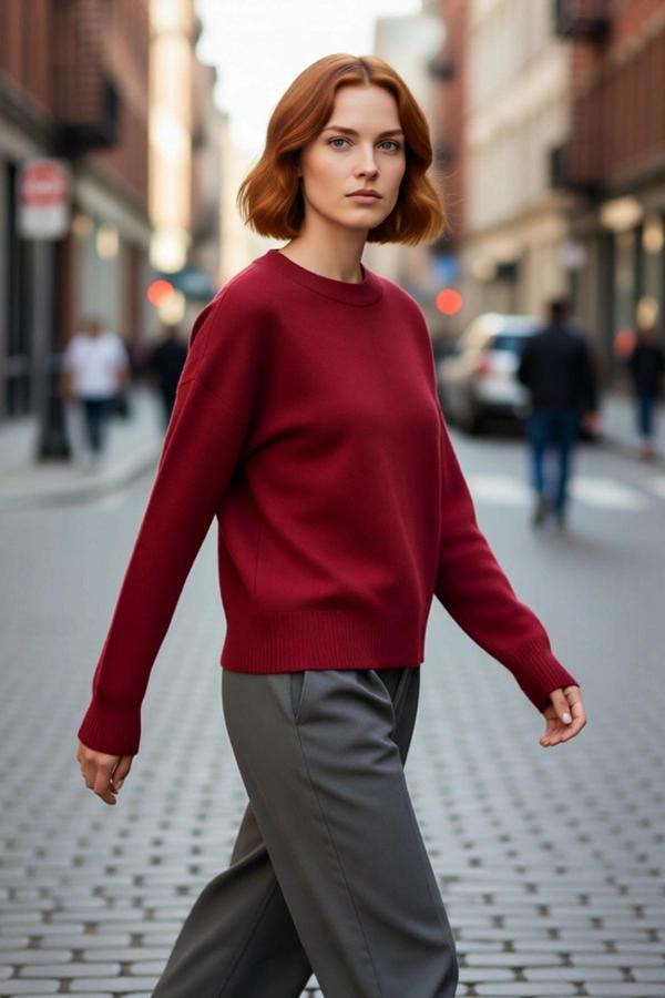 Kadın Oversize Basic Triko Bisiklet Yaka Uzun Düşük Kol Kırmızı Kışlık Günlük Şık Kazak Kaliteli - Image 1