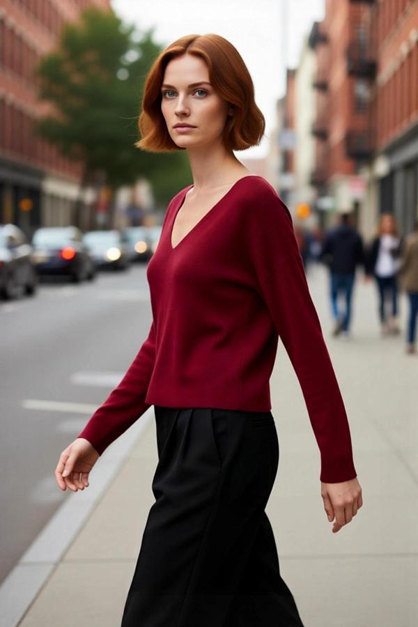 Kadın V Yaka Regular Kalıp Korse Dikiş Detaylı Düz Triko Kazak Kış ve Sonbahar Şıklığı İçin - Image 1