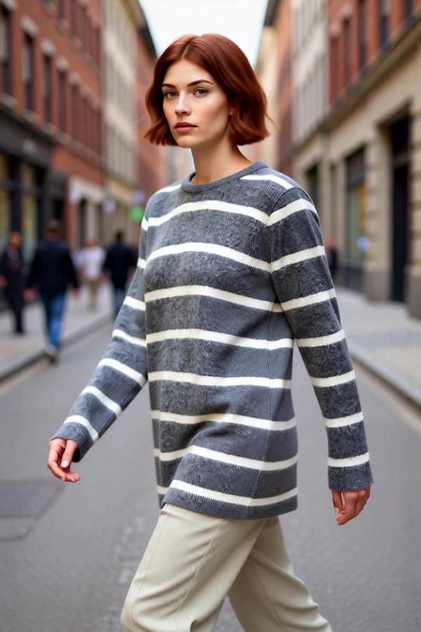 Kadınlar İçin Çizgili Triko Bisiklet Yaka Düşük Kol Regular Kalıp Kışlık Tesettür Kazak Rahatlık - Image 1