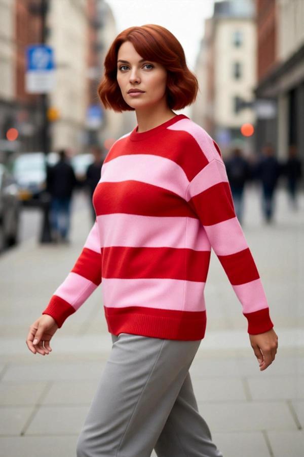 Kadın Çizgili Bisiklet Yaka Regular Kalıp Düşük Kol Uzun Kollu Triko Kışlık Rahat Şık Kazak - Image 1