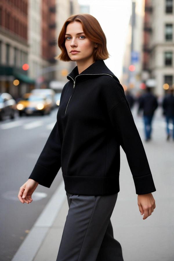 Kadın Oversize Fermuarlı Dik Yaka Triko Kazak Düşük Kol Uzun Kış Günleri İçin İdeal Model - Image 1