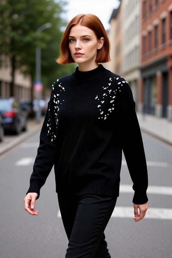 Kadın Triko Oversize Dik Yaka Düşük Kol Taş İşlemeli Kazak Kış Sezonu İçin Rahat Ve Şık Bir Seçim - Image 1