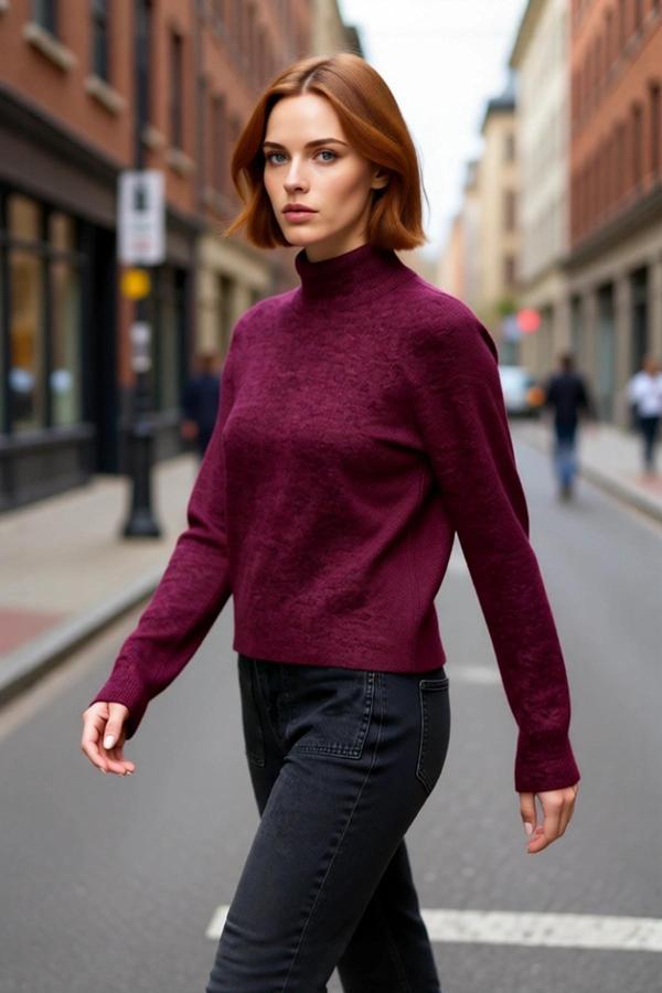 Kadın Oversize Dik Yaka Triko Kazak Reglan Kol Kışlık Günlük Şıklık Sunan Bordo Basic Tasarım - Image 1