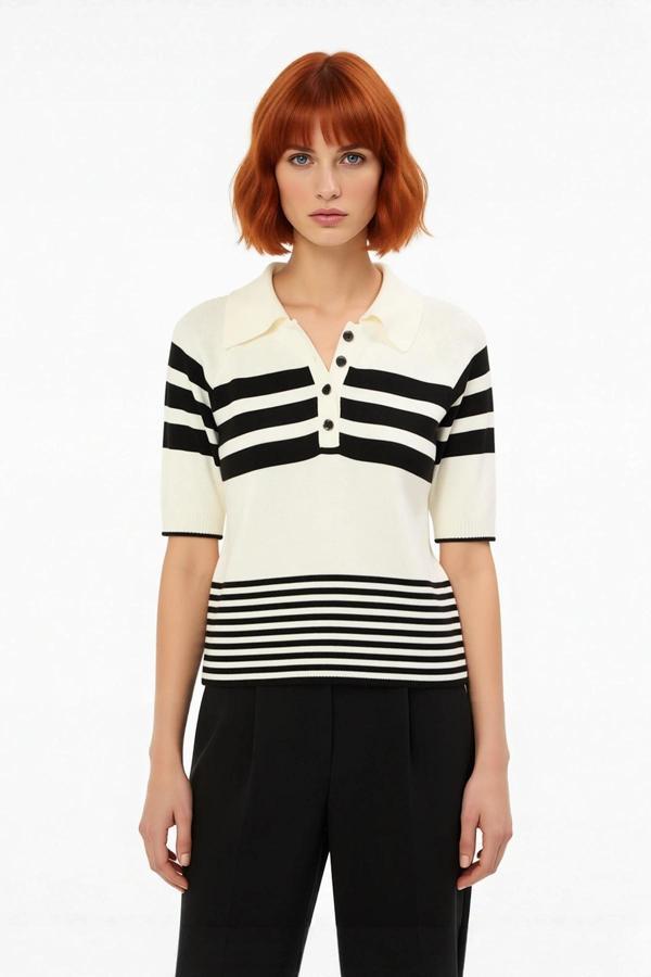 Kadın Polo Yaka Renk Bloklu Kısa Kollu İnce Triko Bluz Günlük ve Konforlu Şık Kombinler İçin İdeal - Image 1