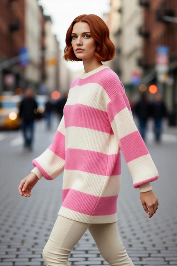 Kadın Relaxed Kalıp Düşük Kol Çizgili Selanik Örgü Bisiklet Yaka Triko Kazak Kışlık Kombinlerin - Image 1