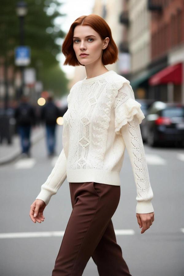 Kadın Nakışlı Dantel Garnili Kol Detaylı Regular Kalıp Bisiklet Yaka Uzun Triko Kazak Günlük - Image 1