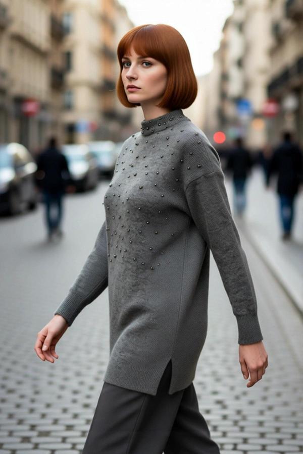 Kadın Metal İnci Detaylı Bisiklet Yaka Düşük Kol Regular Kalıp Triko Kazak Kışlık Kombinlerinize - Image 1