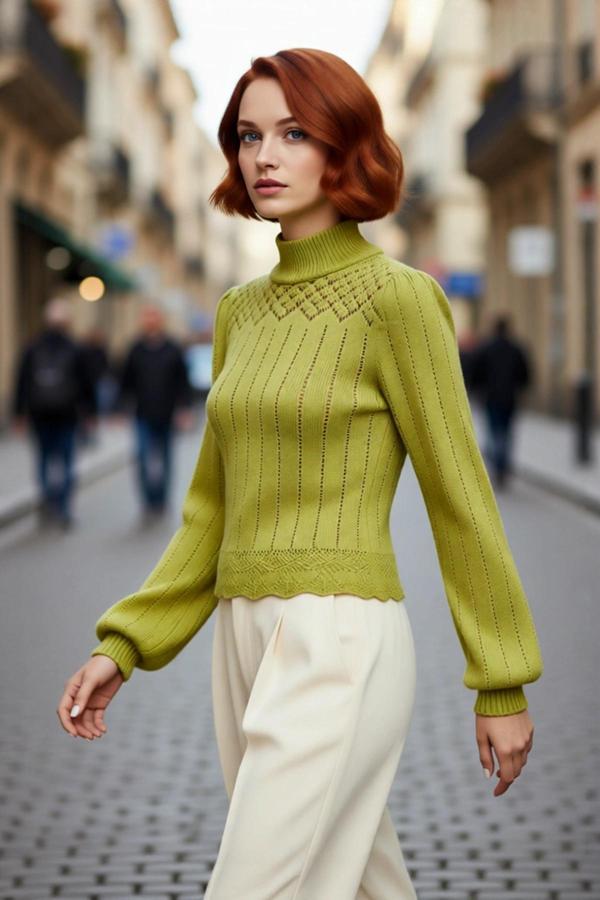 Kadın Fitted Dik Yaka Ajurlu Balon Kol Crop Triko Kazak Şık Günlük Kombinleriniz İçin İdeal Bir - Image 1