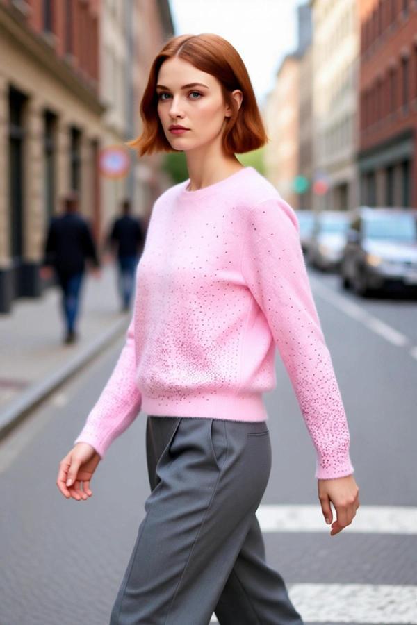 Kadın Pembe Yumuşak Dokulu Taş İşlemeli Bisiklet Yaka Triko Kazak Kışlık Kombinlerin Şık Parçası - Image 1