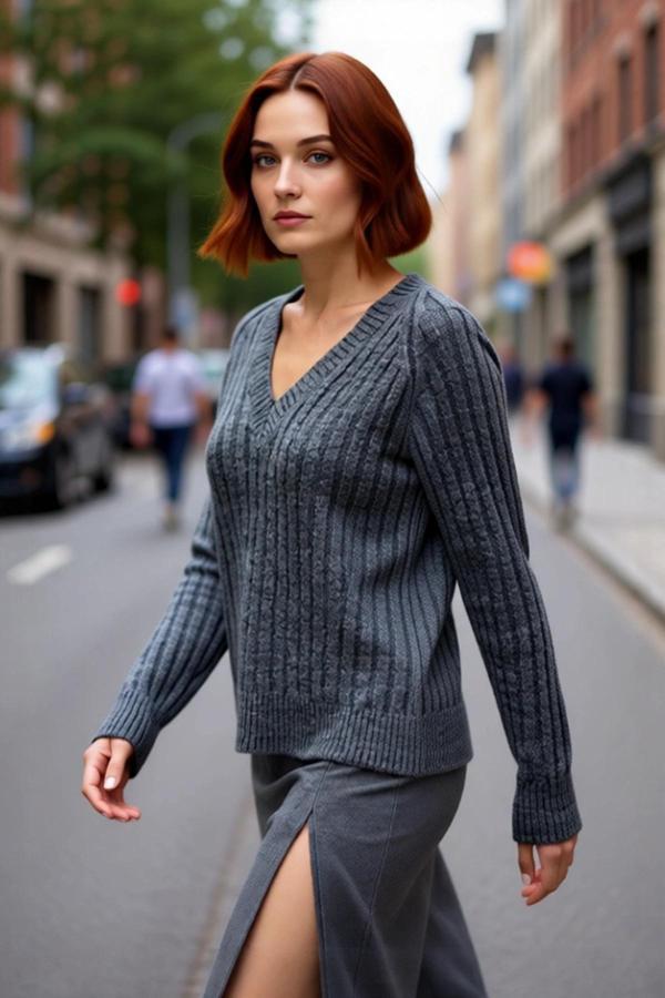 Kadın Regular Kalıp V Yaka Fitilli Reglan Kol Triko Kazak Kış Aylarında Modern ve Rahat Giyim - Image 1