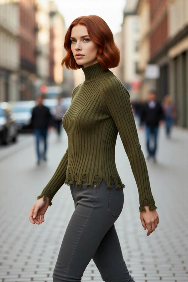 Kadın Fitted Kesim Crop Dik Yaka Uzun Reglan Kollu Fitilli Triko Kazak Soğuk Havalar İçin Şık Ve - Image 1