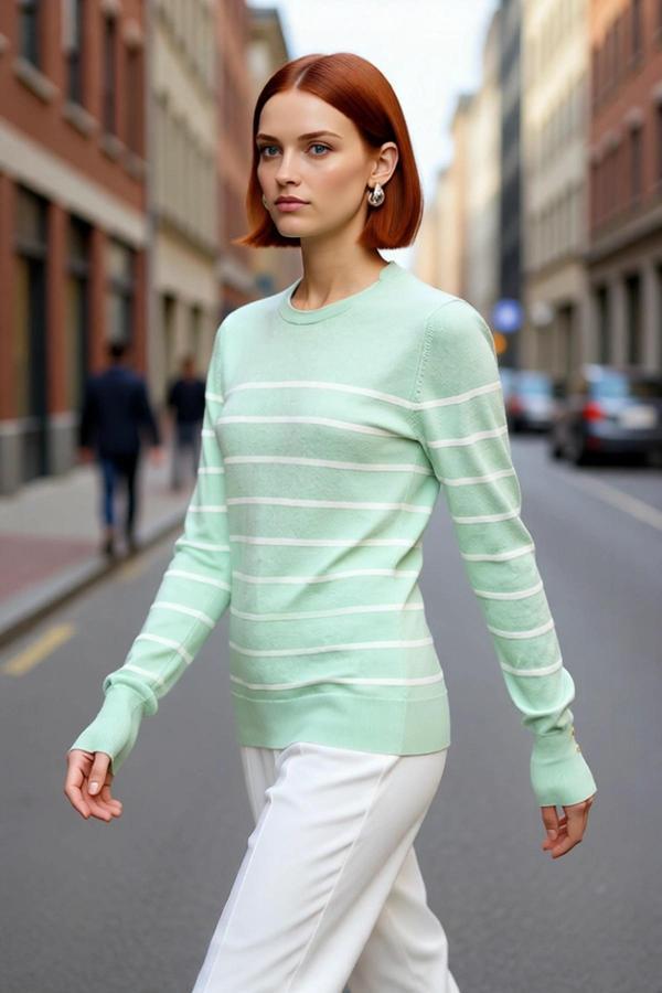 Kadın Ekru Çizgili Bisiklet Yaka Fitted Kesim İnce Triko Kazak İlkbahar Sonbahar Şıklığı Kaliteli - Image 1