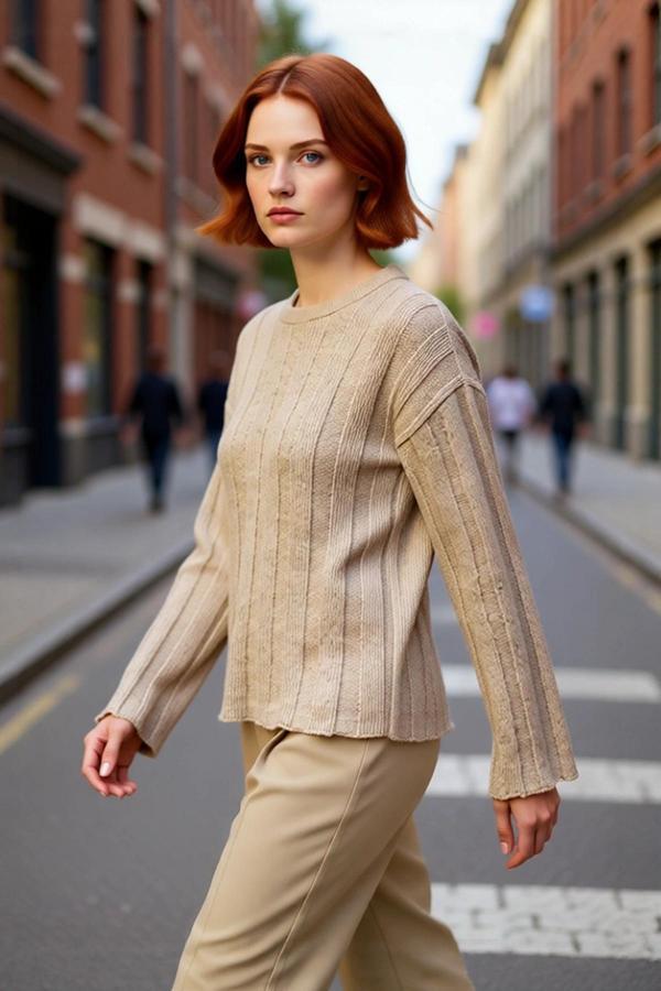 Kadın Regular Kalıp Fitilli Triko Kazak Bisiklet Yaka Düşük Kol Uzun Boy Rahat ve Şık Günlük Giyim - Image 1