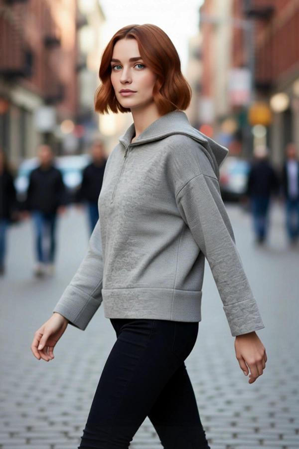 Kadın Oversize Fermuarlı Dik Yaka Triko Kazak Düşük Kol Uzun Kış Günleri İçin İdeal Model - Image 1