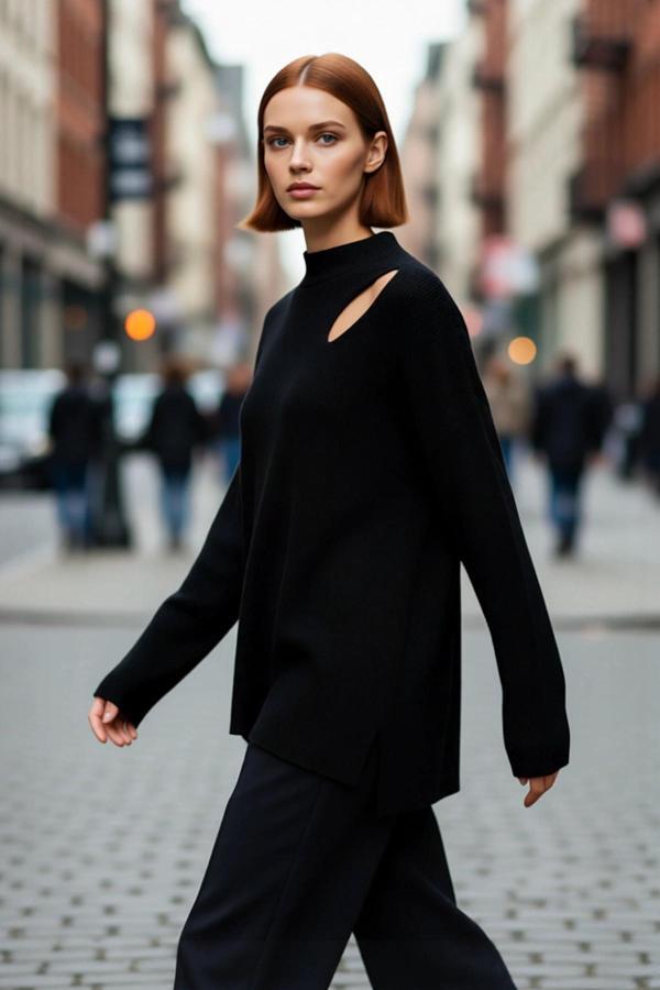 Kadın Oversize Cut Out Detaylı Siyah Triko Kazak Akrilik Fitilli Uzun Kollu Kışlık Kombinlerinize - Image 1