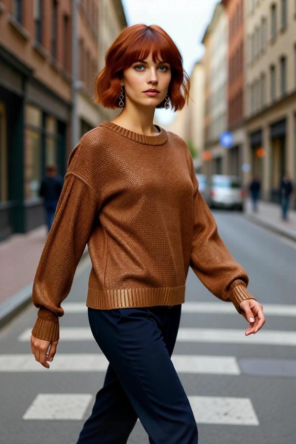 Kadın Oversize Bisiklet Yaka Uzun Kollu Varak Baskılı Triko Kazak Kış Sezonu Günlük Şıklığı - Image 1