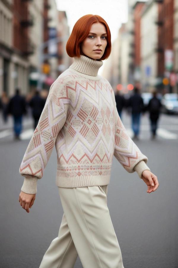 Kadın Oversize Etnik Desenli Balıkçı Yaka Uzun Kollu Akrilik Triko Kazak Kış Günleri Seçimi - Image 1