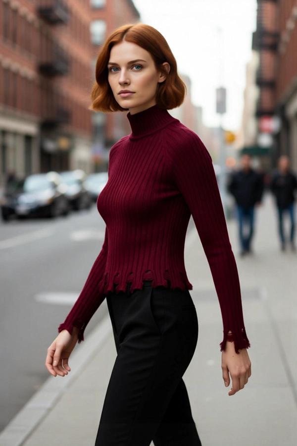 Kadın Fitted Kesim Crop Dik Yaka Uzun Reglan Kollu Fitilli Triko Kazak Soğuk Havalar İçin Şık Ve - Image 1