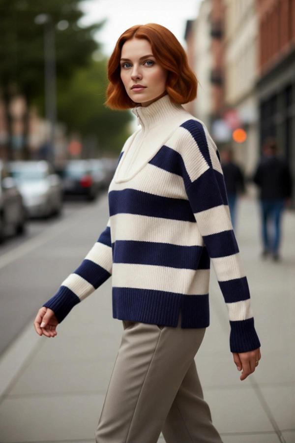 Kadın Oversize Çizgili Dik Yaka Düşük Kol Kalın Triko Kazak Kış Sezonu İçin Rahat Şık Kombinler - Image 1