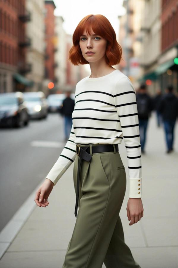 Kadın Ekru Çizgili Bisiklet Yaka Fitted Kesim İnce Triko Kazak İlkbahar Sonbahar Şıklığı Kaliteli - Image 1