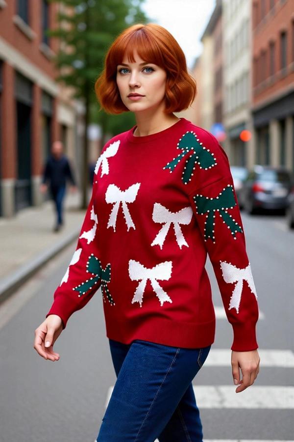 Kadın Yılbaşı Temalı Fiyonk Desenli İncili Bisiklet Yaka Uzun Kol Düşük Omuz Kalın Triko Kazak - Image 1