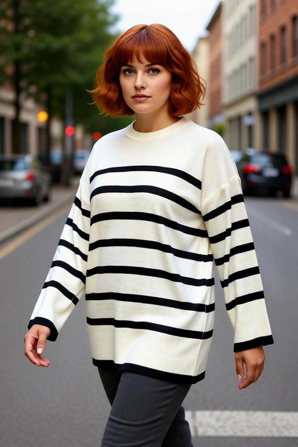 Kadın Relaxed Kalıp Çizgili Bisiklet Yaka Uzun Kol Triko Kazak Kış Sezonu İçin Şık Ve Konforlu - Image 1