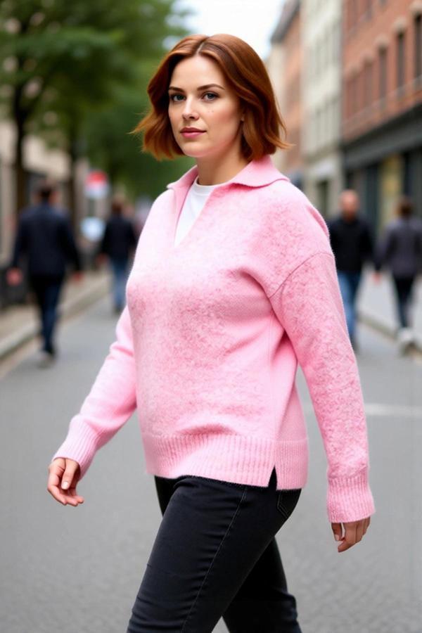 Kadınlara Özel Polo Yaka Regular Kalıp Düz Desen Yumuşak Dokulu Uzun Kollu Günlük Triko Kazak - Image 1