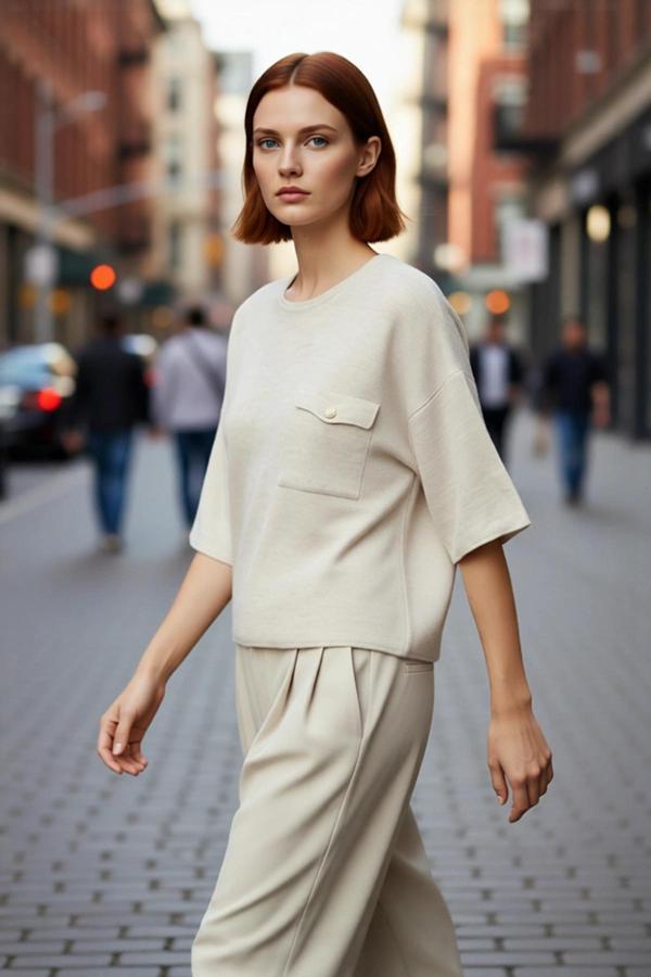 Kadın Regular Kalıp Bisiklet Yaka Kısa Kol Triko Bluz Modern Şık Cep Detaylı İlkbahar Sonbahar - Image 1