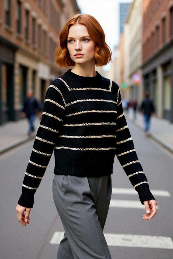 Kadın Oversize Lacivert Simli Çizgili Bisiklet Yaka Reglan Kol Triko Kazak Kış Şıklığı İçin - Image 1