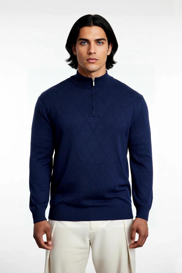 Erkek Gri Regular Fit Yarım Fermuarlı Dik Yaka Baklava Triko Kazak Kışlık Günlük Şıklık İçin - Image 1