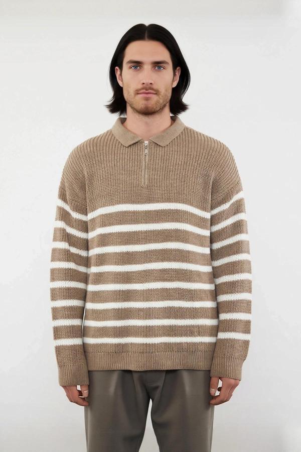 Lacivert Çizgili Erkek Oversize Polo Yaka Triko Kazak Kalın Yapılı Standart Kol Kış Şıklığı Akrilik - Image 1