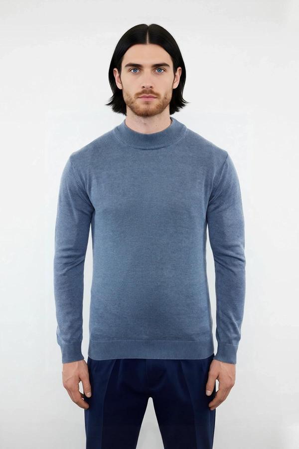 Modern Erkek Triko Kazak Fitted Kesim Dik Yaka Uzun Kollu Rahat Pamuklu Karışım Basic Stil Kış ve - Image 1